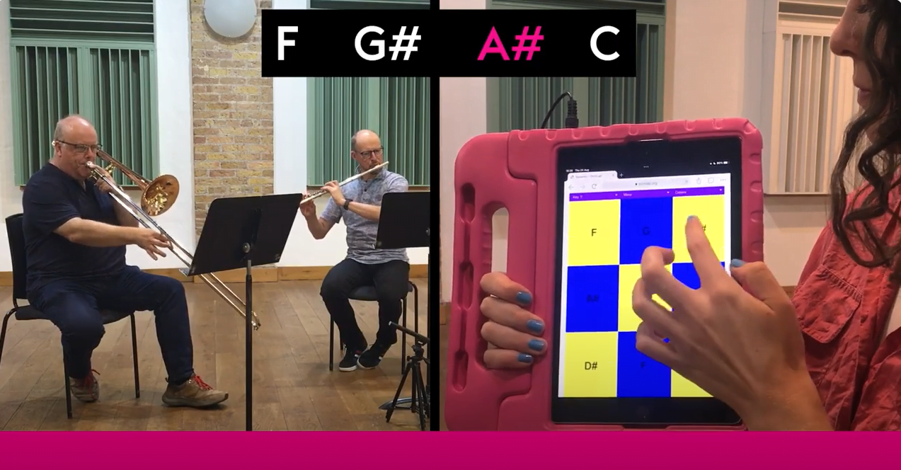 Two male LPO musicians play their instruments on the left, whilst a female musician plays OrchLab Squares on the right.